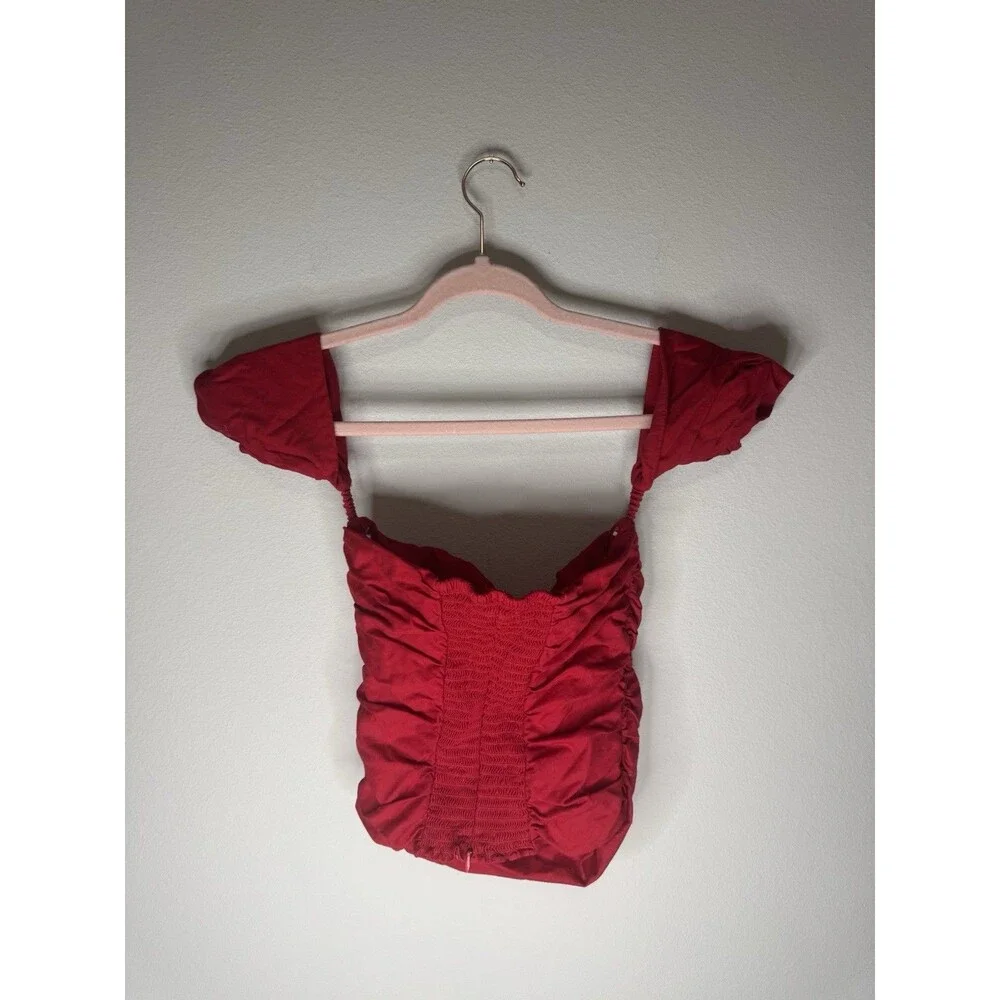 Reformation Red Cotton Spandex Knit Off-Shoulder Ruched Puff Sleeve Crop 4